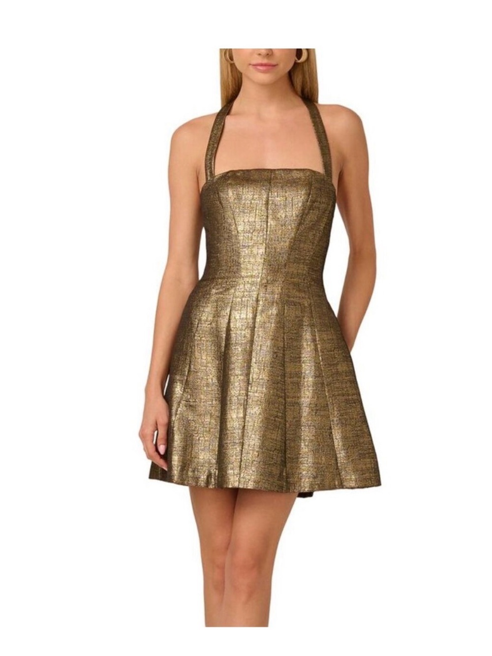 Adrianna Papell Metallic Jacquard Gold Black Halter Mini Dress